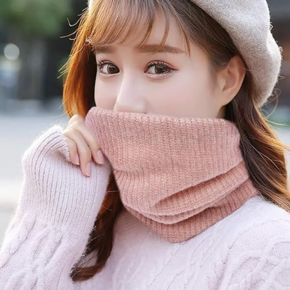 Women's F-grey + pink Scarf Winter Double-Layer Neck Warmer Knit Fleece